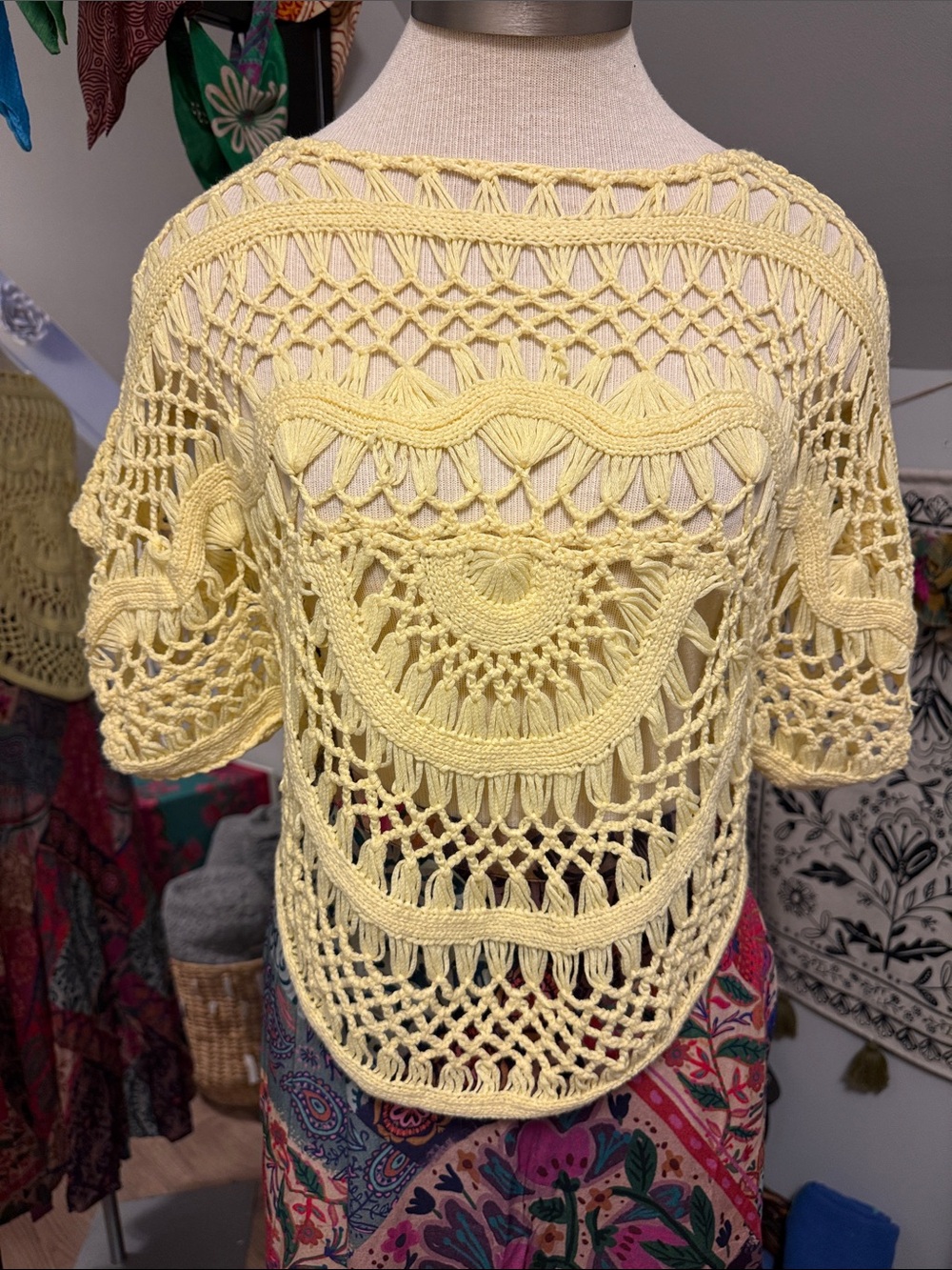 Hand Crafted Buttercup Yellow Open-Knit Scoop Neck Crochet Sweater